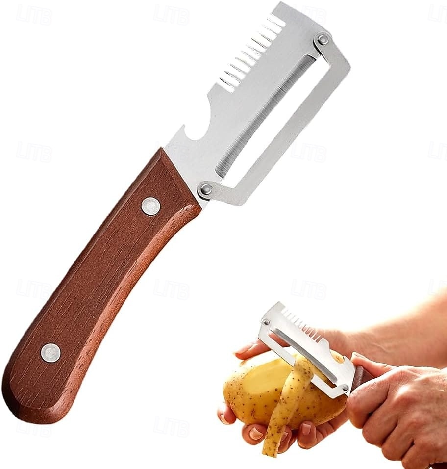 Pelador de verduras con mango de madera y abridor de botellas, pelador de verduras multifuncional para la cocina, utensilio de cocina para pelar frutas, calabazas, patatas, zanahorias y otras 2026 - $6.49 –P1