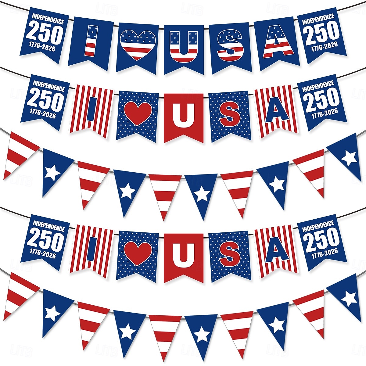 5 db-os csomag az USA 250. évfordulójának zászlófüzérére, függetlenség napjára, hazafias amerikai zászló partidekoráció, 1776-2026, piros-fehér &kék, születésnap &nyári ünnepség 2026 - $16.99 –P1
