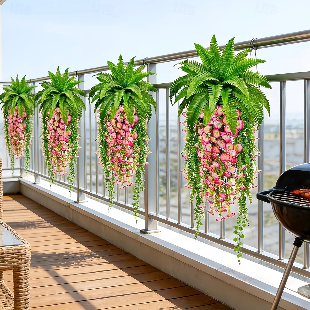 Ensemble de 4 plantes artificielles de type fougère de Boston et ipomée de la pampa, à suspendre soi-même. Résistantes aux UV, ces plantes artificielles réalistes sont toujours vertes et ne de 2026 ? $19.99 –P6