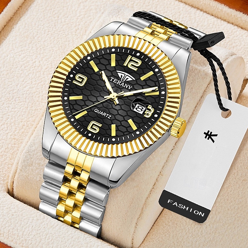 Montre homme de luxe, cadran noir nid d'abeille, mouvement quartz bicolore or et argent en acier inoxydable, lunette cannelée, montre habillée avec date, bijou élégant à offrir. de 2026 ? $21.99 –P1
