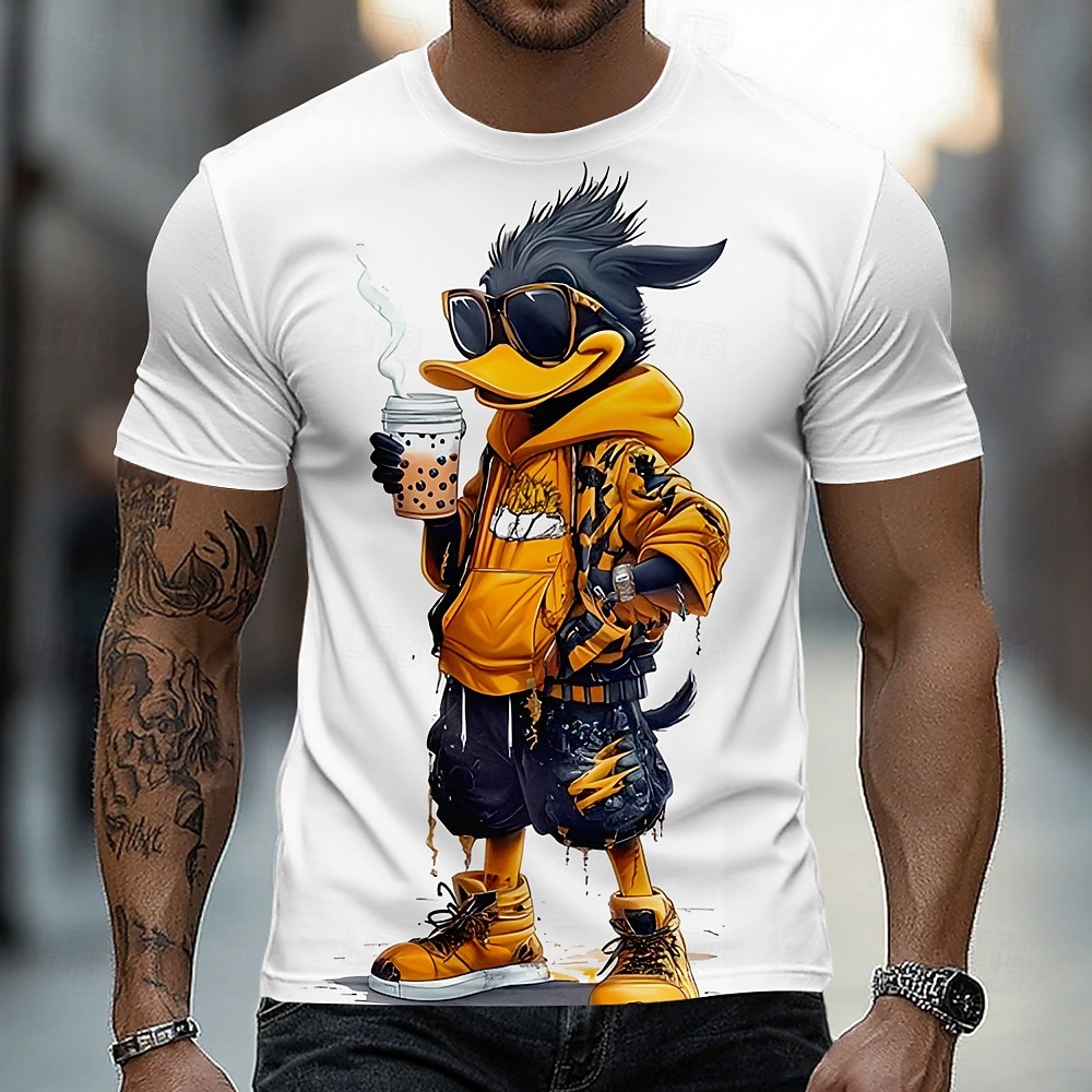 Camiseta gráfica urbana de manga corta con cuello redondo y estampado de pato negro para hombre con gafas de sol, bebiendo té boba. Regalo de cumpleaños divertido para amantes del boba. Ropa de 2026 - $18.99 –P3