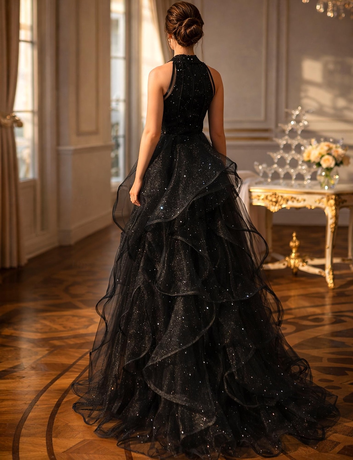 Krój A Tren sweep Suknie balowe Zabytkowe Błyszczące Wróżka Bez rękawów Kantarka Gość weselny Wesele Z cekinami z Dodatki kryształowe Cekin Falbany 2026 - $186.99 –P4