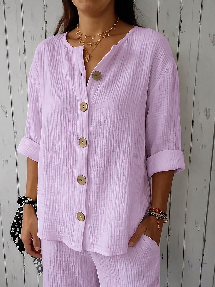 Per donna Camicie di cotone e lino Vacanza Casual Bianco Giallo Rosa Viola Azzurro Estate Primavera del 2026 a $27.99 –P7