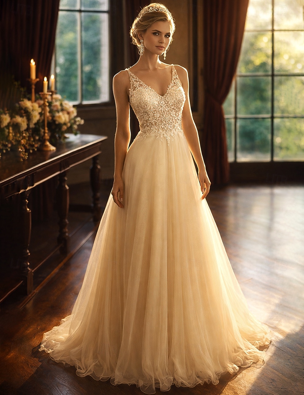 Ligne A Longueur au sol Robes de Bal Éclat & Brillance Dos Nu Sans manches Col en V Bal de promo Formel Tulle Dos en V avec Perlage Appliques de 2026 ? $201.29 –P1