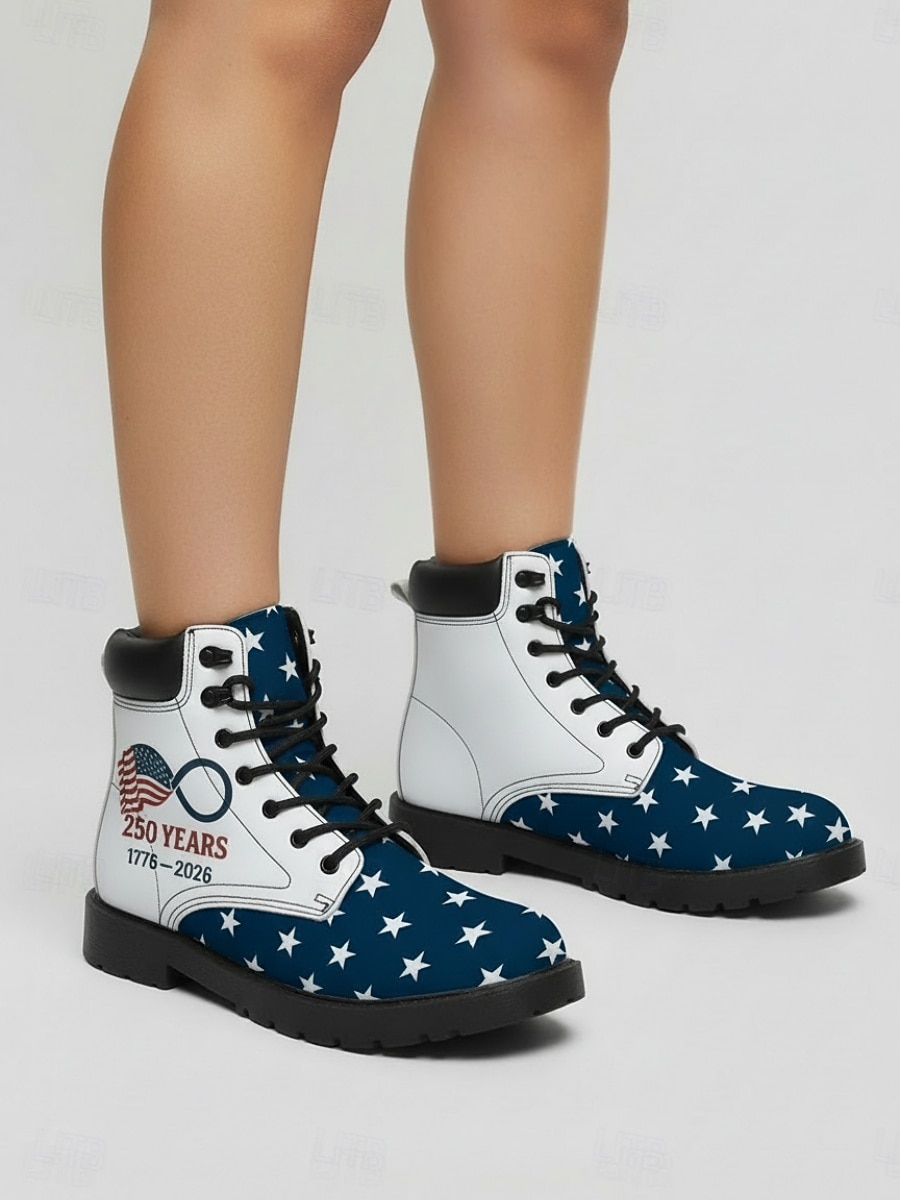 Γυναικείες πατριωτικές μπότες μάχης - σχέδιο με αστέρια και ρίγες με έντονα γραφικά για παρελάσεις, 4η Ιουλίου, 250ή επέτειο των ΗΠΑ και υπαίθριες γιορτές 2026 - $69.99 –P2