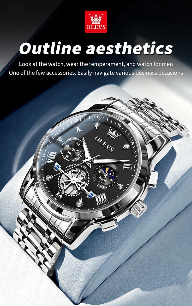 Olevs heren automatisch horloge luxe skeleton mechanisch polshorloge met maanfase waterdicht lichtgevend tweekleurig roestvrijstalen zakelijk modehorloge voor heren 2026 - $45.99 –P3