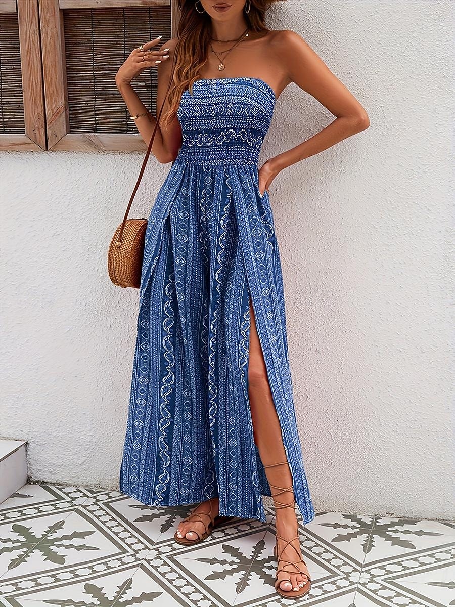 Dames Jumpsuit Actief Grafisch Mouwloos Breed Been Strapless Blote rug Splitsen Dagelijks Vakantie Normale pasvorm blauw Rood Khaki Zomer 2026 - $29.99 –P5