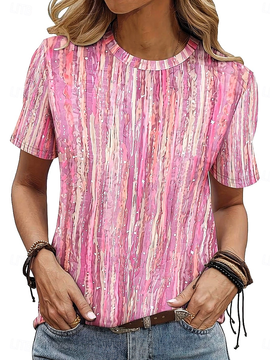 Dames T-shirt Afdrukken Grafisch Geometrisch Gestreept Vintage Stijlvol Klassiek Korte mouw Strakke ronde hals Croptops Casual Dagelijks blauw Paarsblauw Blozend Roze Oranje Zomer Lente 2026 - $21.99 –P7