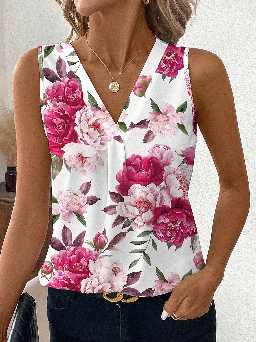 Femmes Débardeur Fleuri Graphique Plantes Élégant ancien Classique Sans manches Col en V Hauts Réguliers Quotidien Rouge Violet Kaki Été Printemps de 2026 ? $22.99 –P2