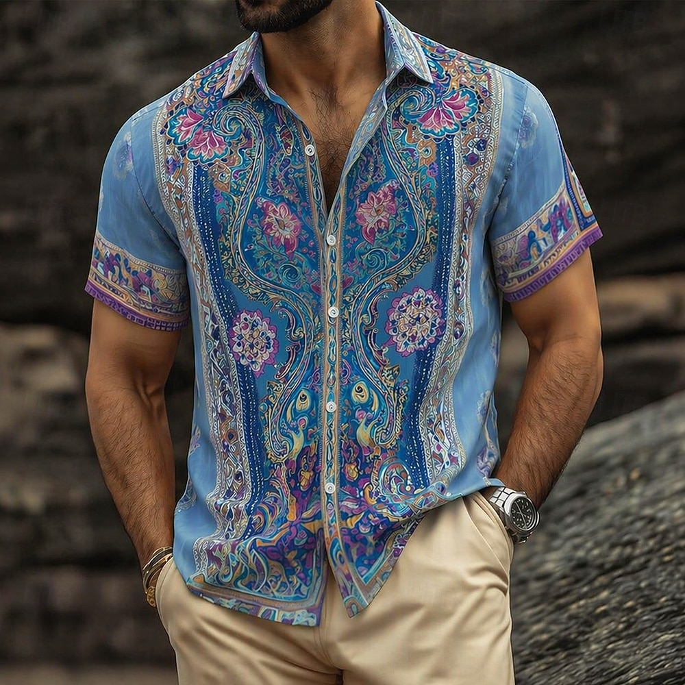 Herren Paisley-Muster Blumendruck Ethnisch Hemd Knopfhemd Kurzarm Vintage-Retro Streetwear Urlaub Sommer Frühling Umlegekragen 3D-Druck Hemden mit Kragen Blau Rosa Orange Grün 2026 - $25.99 –P3