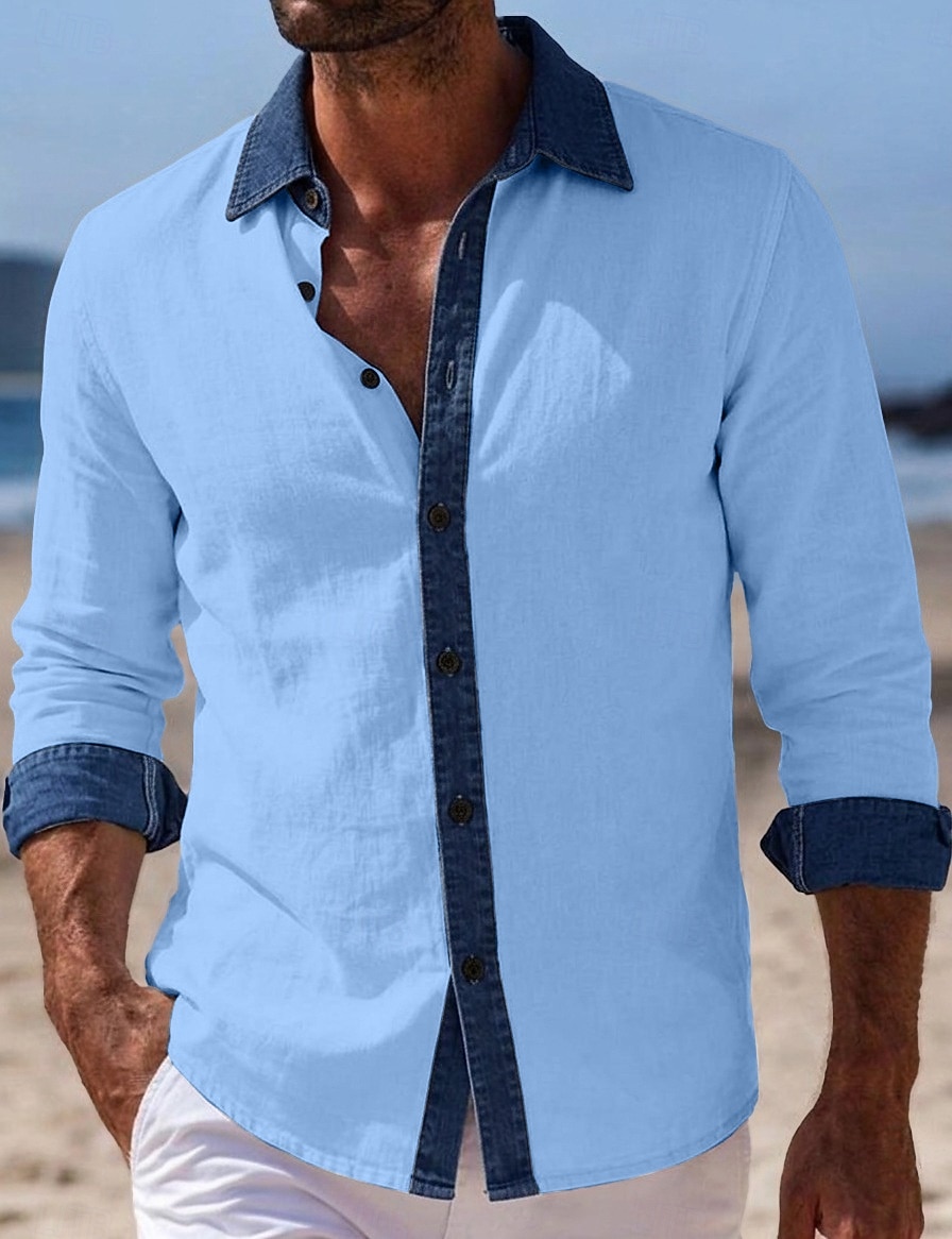 Men's Shirt Linen Shirt Summer Shirt Beach Wear Beach Shirt Button Up Shirt Color Block Vacation Holiday Blue Black White Pink Long Sleeve Turndown Summer Spring Clothing Apparel Patchwork 2026 - $26.99 –P6
