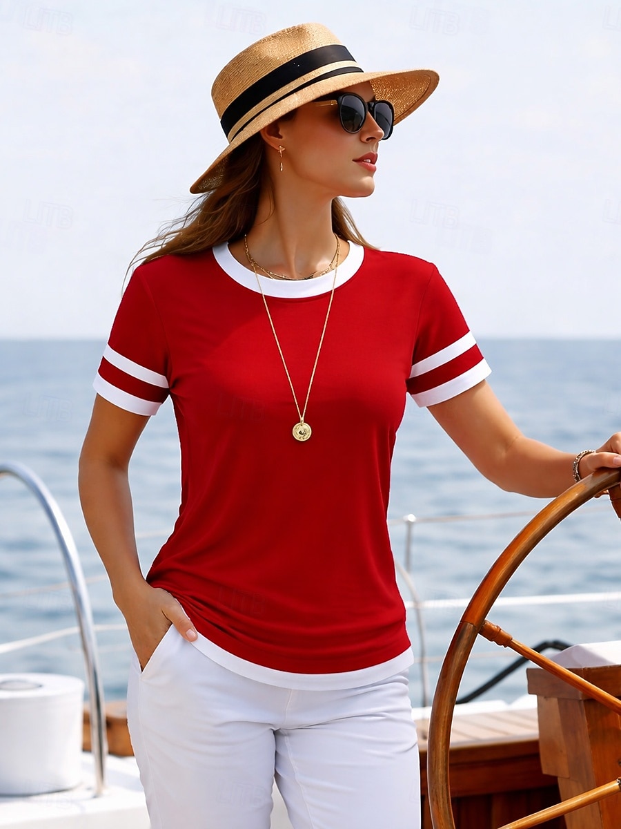 Per donna Maglietta Blocco di colore Stampato Grafico Geometrico Oceano Vintage Moda Elegante Manica Corta Girocollo Top Regolari Quotidiano Blu Bianco Rosso Blu marino Estate Primavera del 2026 a $21.99 –P6