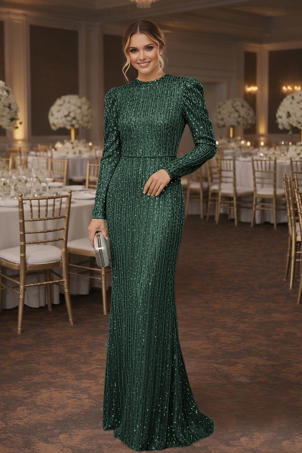 Tubino Colonna Lunghezza al pavimento Abito da invitata a nozze Abito Formale Abito da sera Abiti da Ballo Elegante Manica Lunga Girocollo Balli di fine anno Formale Con Paillettes con Glitter del 2026 a $149.99 –P4