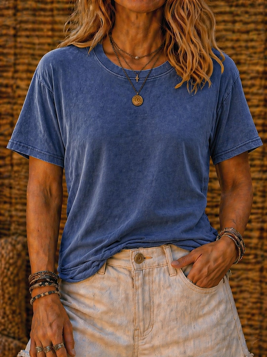 Camiseta softfade™ para mujer, 100% algodón, estilo vintage, con efecto desgastado, manga corta, cuello redondo, estilo casual, ideal para el día a día en la playa. Colores: rosa, rojo, azul, verde hierba, negro, naranja, verano y primavera. 2026 - $21.99 –P9