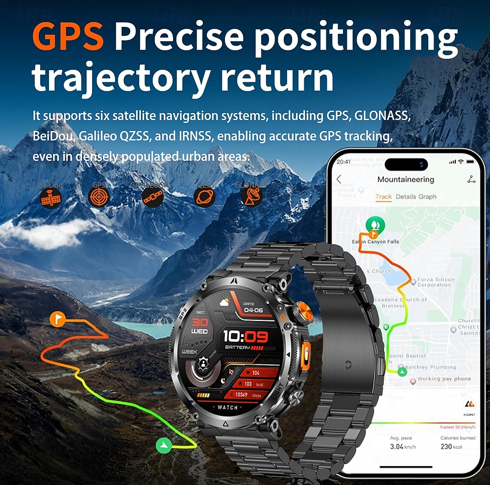 Rugged GPS Smart Watch for Men, Outdoor Sports Watch with 6 Satellite Positioning Systems, Trajectory Return Tracking for Mountaineering Hiking, Heart Rate SpO2 Monitor, Waterproof Metal Band Watch 2026 - $57.99 –P7