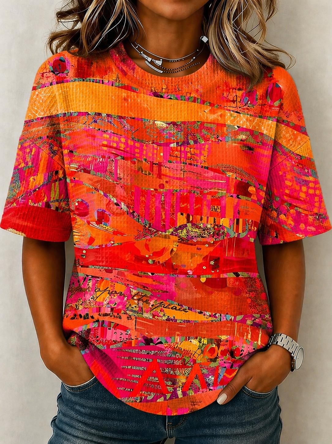 Women's Waffle T-shirt Textured Knit Tops T Shirt Summer Tops Drop Shoulder Print Graphic Geometric Tribal Vintage Stylish Classic Short Sleeve Crew Neck Round Neck Regular Tops Casual Daily Blue 2026 - $21.99 –P1