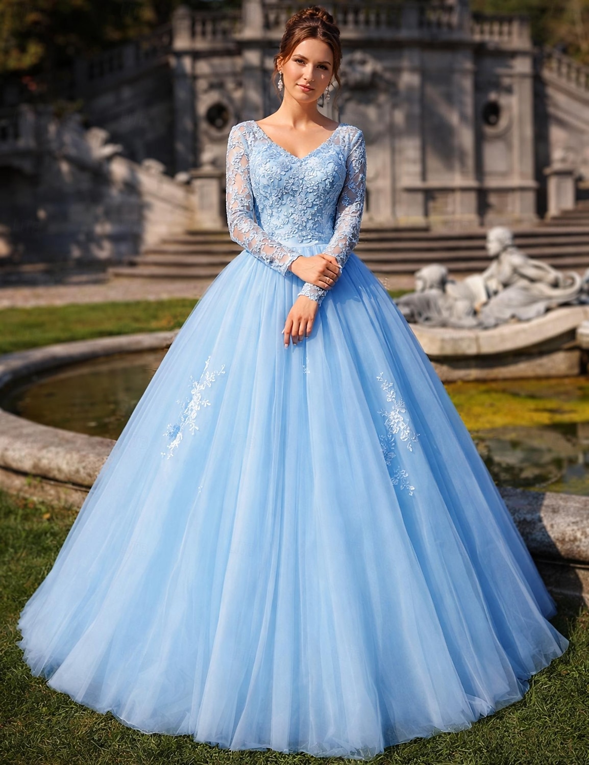 Robe de Bal Longueur Plancher Robes de Promo Princesse Bouffante Manches Longues Col en V Performance Quinceanera avec Cristaux Appliqués de 2026 ? GBP £86.89 –P1