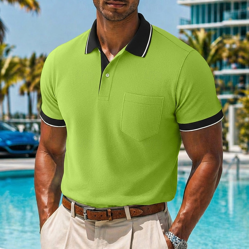 Men's Golf Shirt Pique Polo Shirt Casual Work Lapel Ribbed Polo Collar Short Sleeve Basic Modern Color Block Patchwork Pocket Spring & Summer Summer Regular Fit Pink Wine Green Gray Golf Shirt 2026 - $25.99 –P1