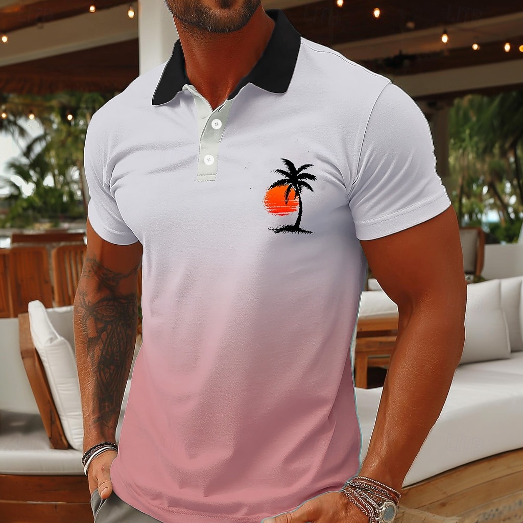 Men's Palm Tree Hawaiian Polo Shirts Short Sleeve Polo Shirts Collared Shirts Casual Resort Athleisure Vacation Wear 3D Print Buttons Breathable Mesh Spring & Summer Blue Pink Green 2026 - $22.99 –P2