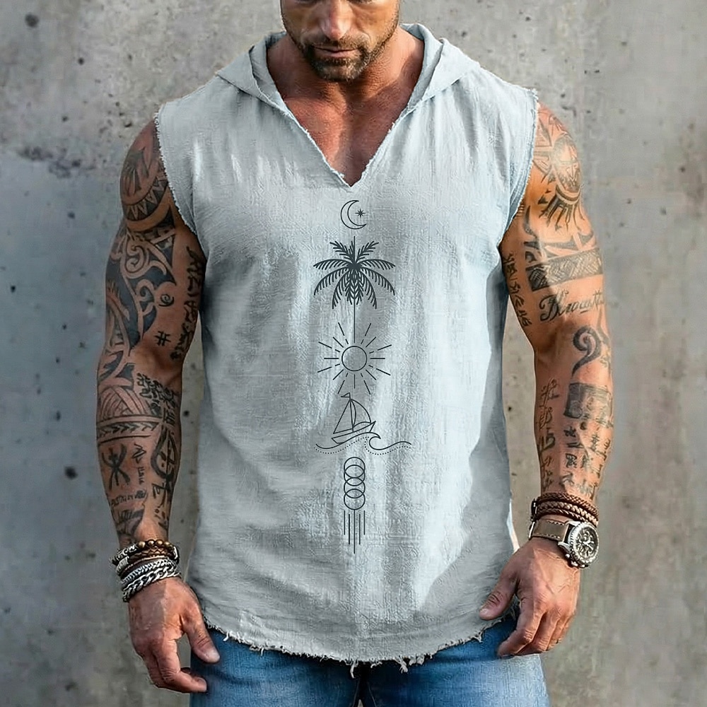 Herren-Kapuzenjacke mit geometrischem Palmen-, Sonnen-, Segelboot- und Mondmuster im Boho-Stil, ärmellos, locker geschnitten, V-Ausschnitt, ausgefranster Saum, Sommer, Strandurlaub, Designer-Kleidung, 2026 - $19.99 –P3