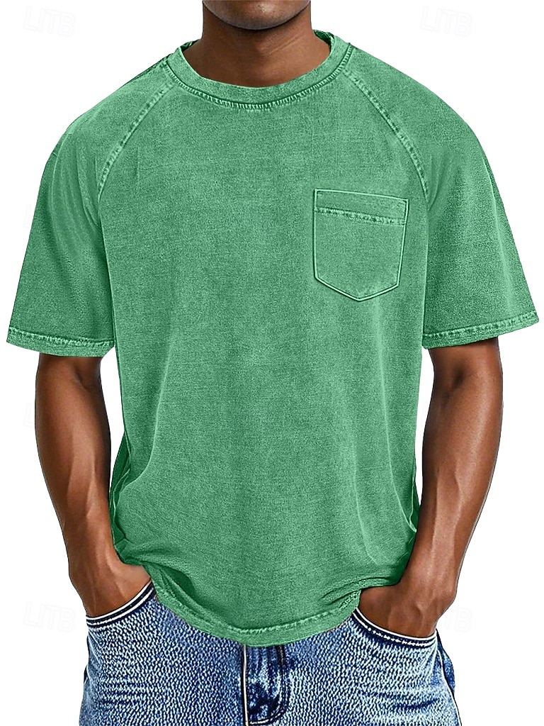 Herren Baumwoll-T-Shirt Gewaschenes Hemd T-Shirt Kurzarm Rundhalsausschnitt Sommer Frühling Ganzjahres Einfarbig Einfach Retro Vintage Betrübt Tasche Stückgefärbt Gewaschen Lässig Urlaub Straße 2026 - $28.99 –P5