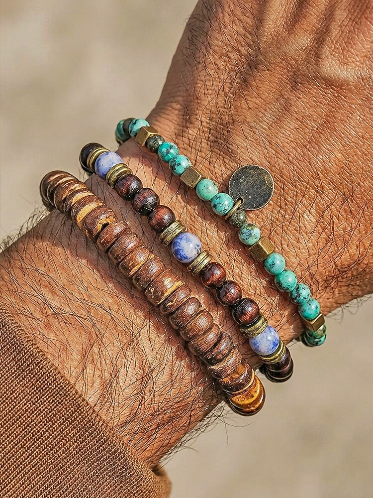 Σετ ανδρικών βραχιολιών μποέμ με τυρκουάζ κέλυφος καρύδας και ξύλινες χάντρες, 3 τεμάχια ελαστικά βραχιόλια που στοιβάζονται για διακοπές στην παραλία, casual καλοκαιρινά ρούχα και καθημερινή χρήση 2026 - $11.99 –P1