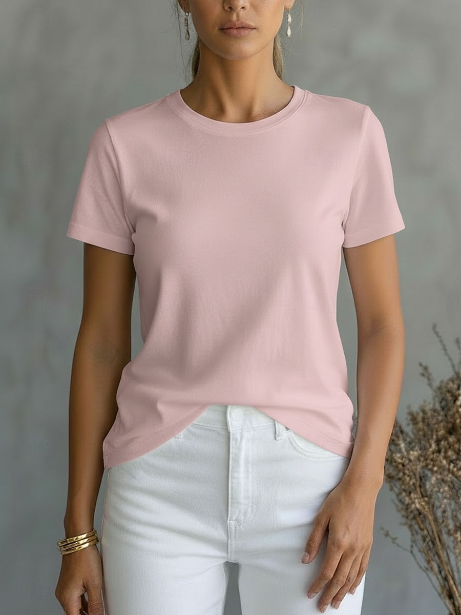 Mulheres Camiseta Camisa de algodão T-shirt Côr Sólida Moda à moda Básico Manga Curta Gola Redonda Decote Redondo Tops regulares Casual Diário Para Noite Branco Rosa Vermelho Laranja Verão Primavera de 2026 por $19.99 –P5