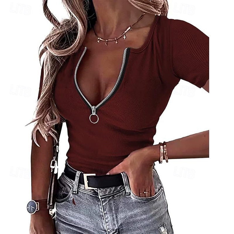 Women's T Shirt Zipper Solid Color Graphic Plain Casual Short Sleeve V Neck Regular Tops Daily Going out Weekend Black Wine Red Gray Summer Spring 2026 - $18.49 –P10