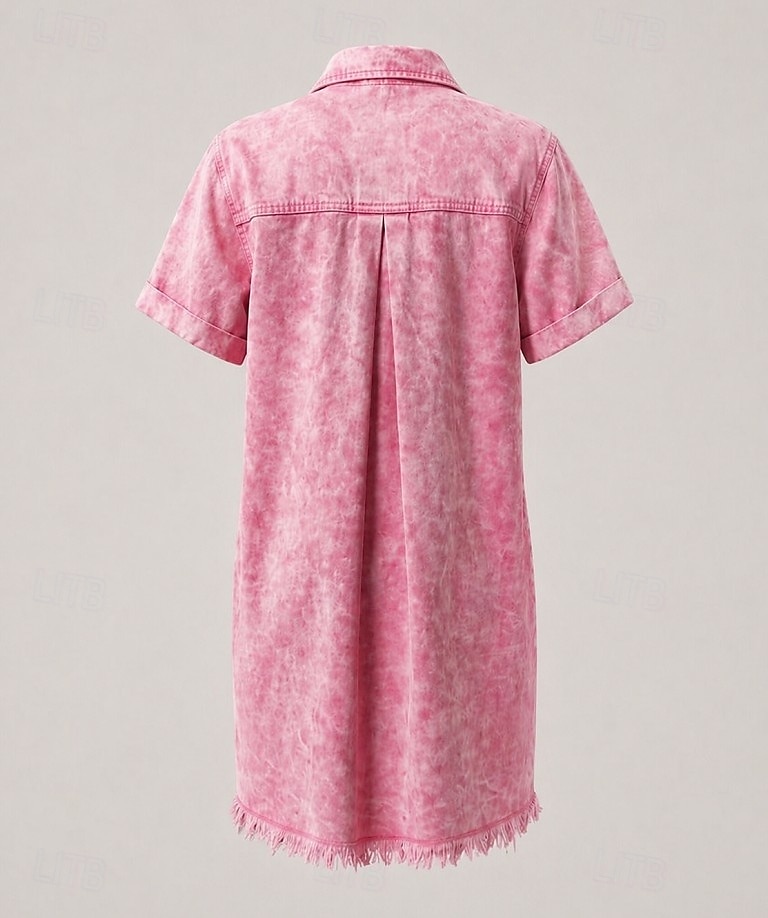 Rochie de damă până la genunchi, spălată, 90% bumbac, vintage, casual, mânecă scurtă, guler cămașă, albastru, negru, roz, vară, primăvară 2026 - $32.99 –P2