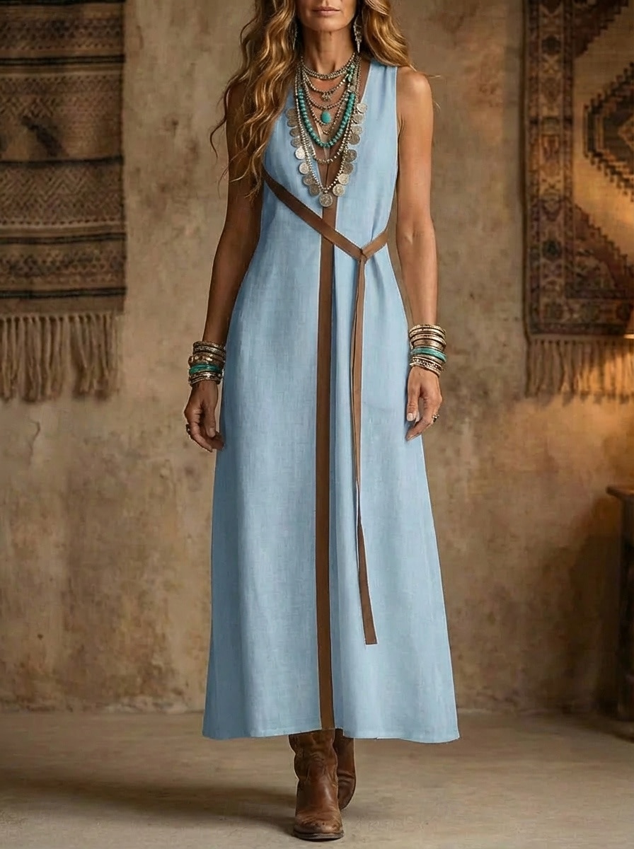 Mujer Vestido maxi Vestidos con tacto de lino Vestido bohemio Vestido de Columpio Elegante Moda Moderno Exterior Festivos Noche Ajuste regular Bloque de color Sin Mangas Collar mandarín Blanco 2026 - $31.99 –P2