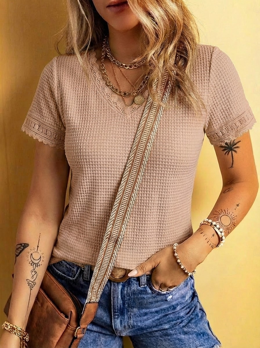 Women's Waffle T-shirt Lace Splicing Top Tee Top Elegant Stylish Short Sleeve V Neck Regular Tops Casual Going out Vacation Wear Blue Black White Green Apricot Summer Spring 2026 - $22.99 –P6