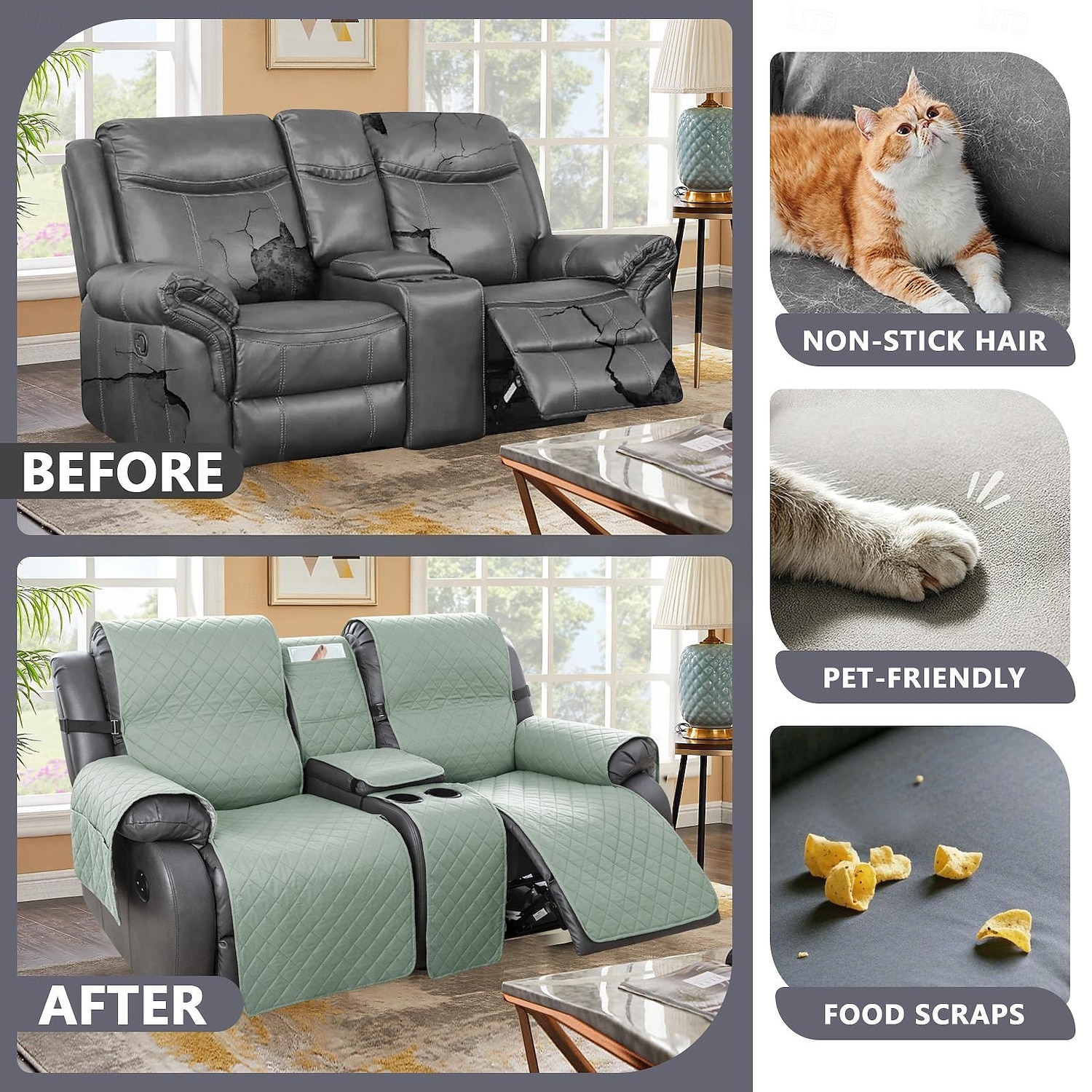 100% waterdichte hoes voor relaxbank, tweezitsbank, morsbestendig met middenconsole, antislip, gewatteerde bankbeschermer, bankhoes voor 2-zits relaxbank, meubelhoes voor thuis 2026 - $75.99 –P1