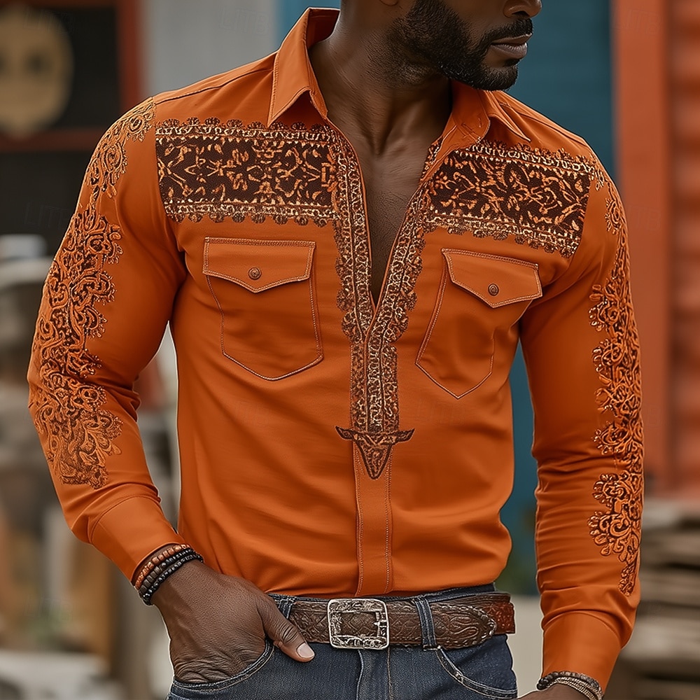 Herren Kuhmuster Ethnisch Komplizierte Blumen Hemd Westernhemd Cowboy-Shirt Langarm Vintage-Retro Lässig Outdoor Arbeitskleidung Frühling Herbst Umlegekragen Zwei Fronttaschen Leinenähnliches Hemd 2026 - $27.99 –P1