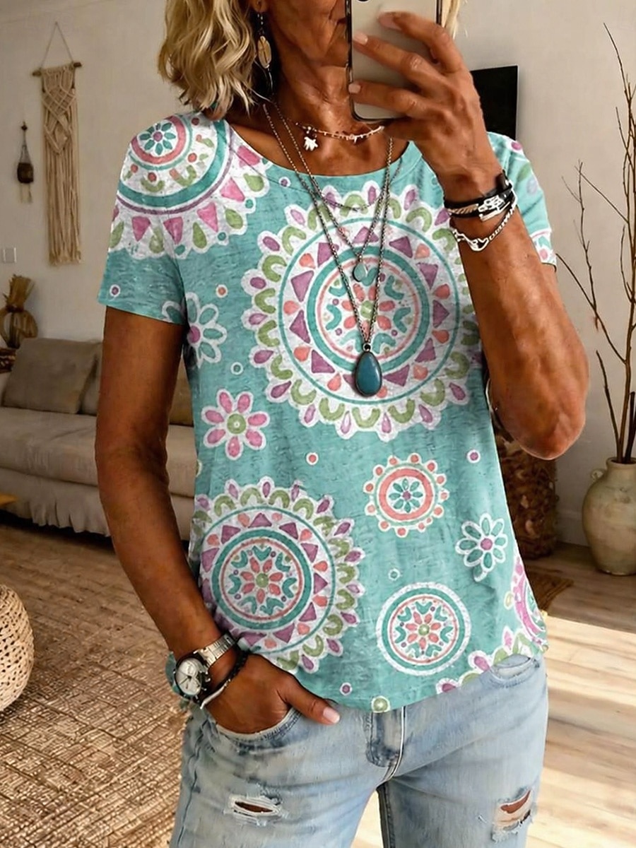 Mulheres Camiseta Imprimir Âmbar Coração Gráfico Moda à moda Clássico Manga Curta Gola Redonda Tops regulares Casual Diário Final de semana Azul Laranja Verão Primavera de 2026 por $21.99 –P4