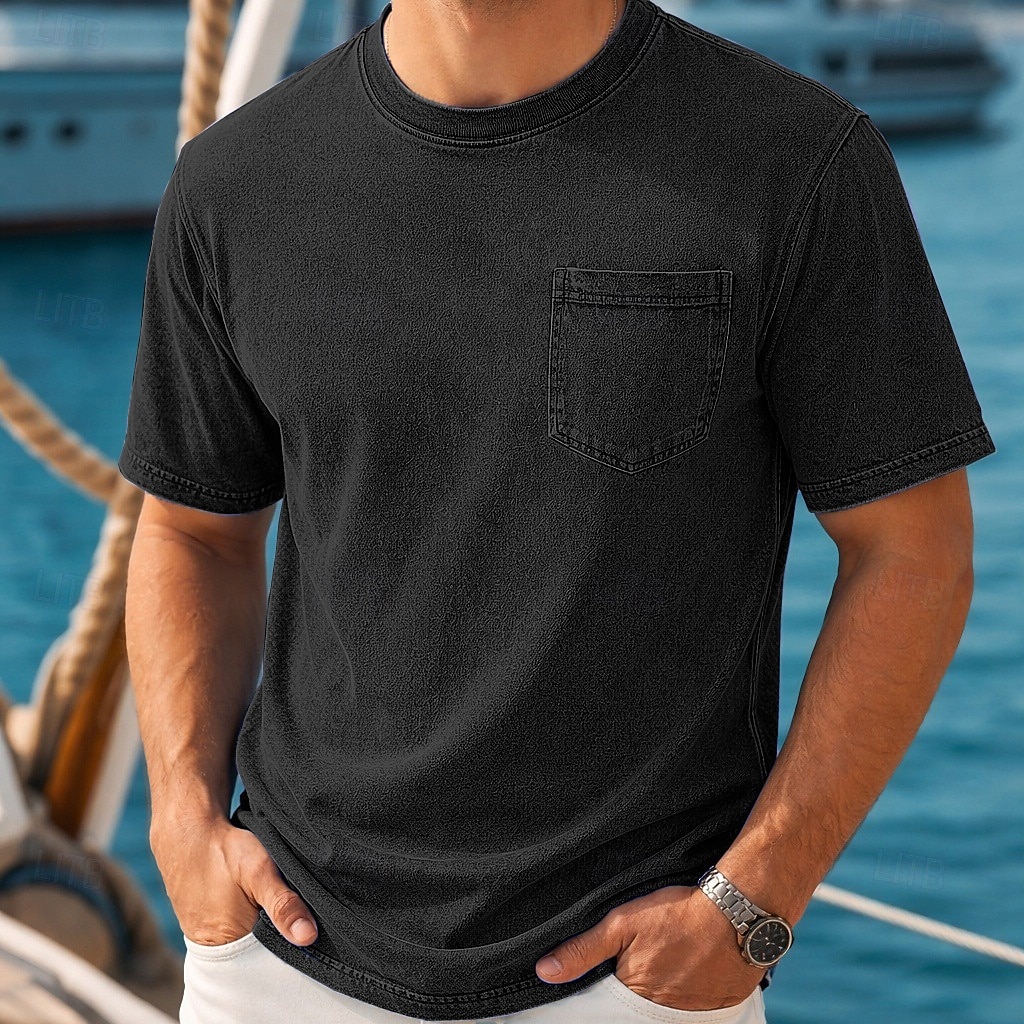 Bărbați Tricou Camasa de blugi Tricou din bumbac Cămașă spălată Mânecă scurtă Crewneck Vară Simplu Pit Strip Epocă Modă Designer Buzunar Stil Vintage Decolorat Casual Vacanță Stradă Albastru Deschis 2026 - $31.99 –P8