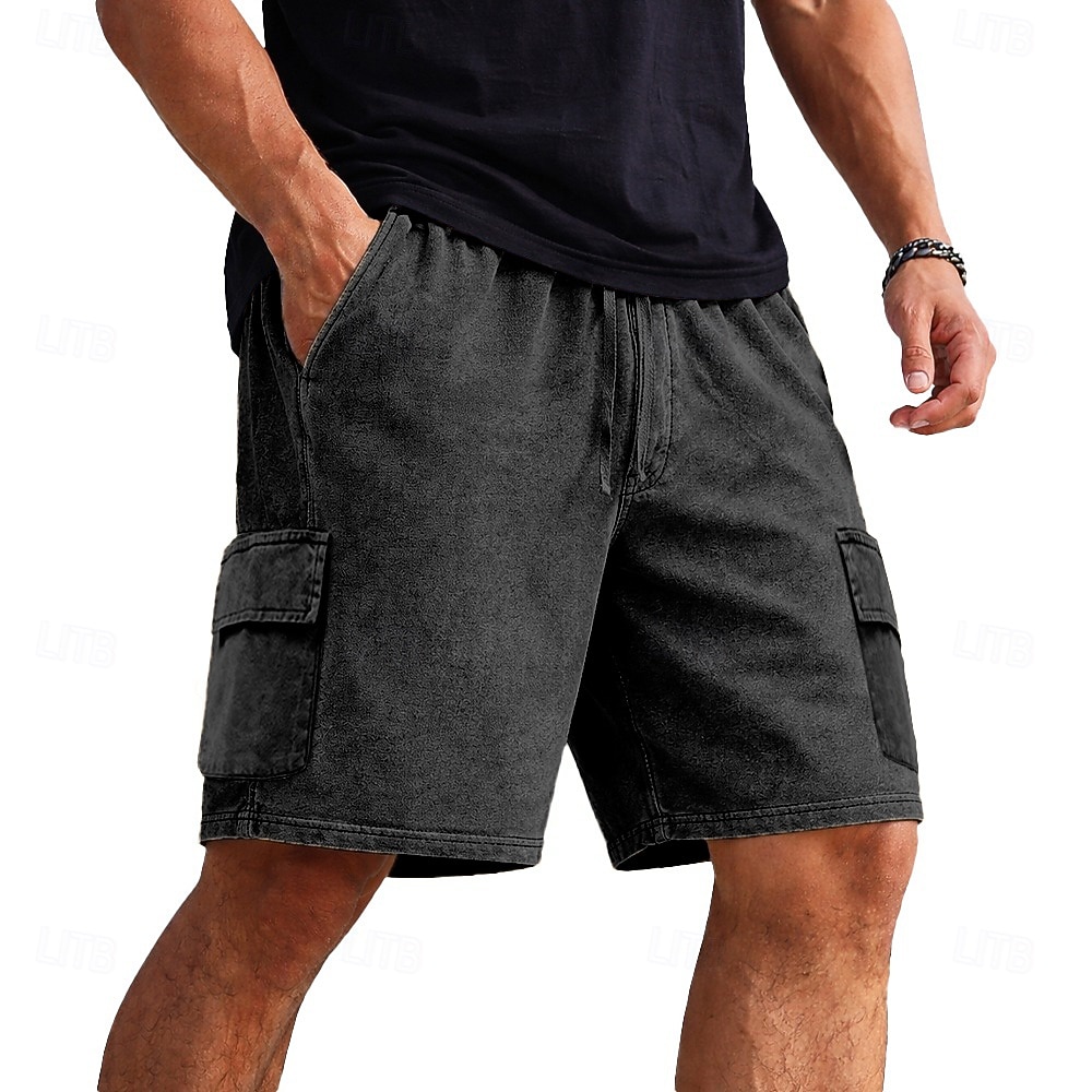 Shorts cargo pour homme SoftFade™ Shorts 100 % coton Shorts délavés avec poches Taille élastique Unie Lavée Confortable Respirant Longueur genoux Décontracté Extérieur Plage Vacances Mode Noir Marine de 2026 ? $31.99 –P7