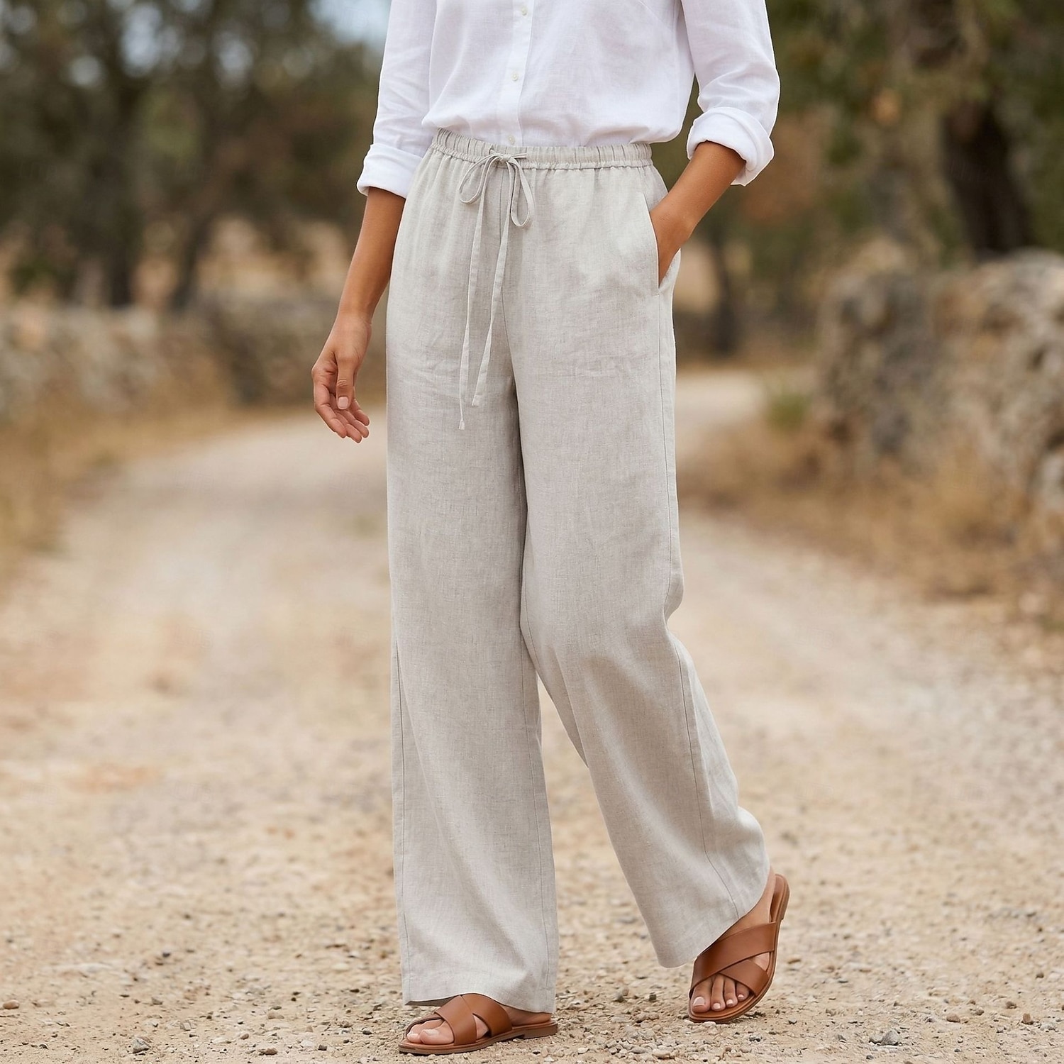 Damen Baumwollleinen Weites Bein Urlaub Basic Volle Länge Hohe Taille Einfach Bequem Unelastisch Täglich Hanf weiß Marineblau Purpur Sommer Frühling Lässiger Schnitt 2026 - $33.99 –P3