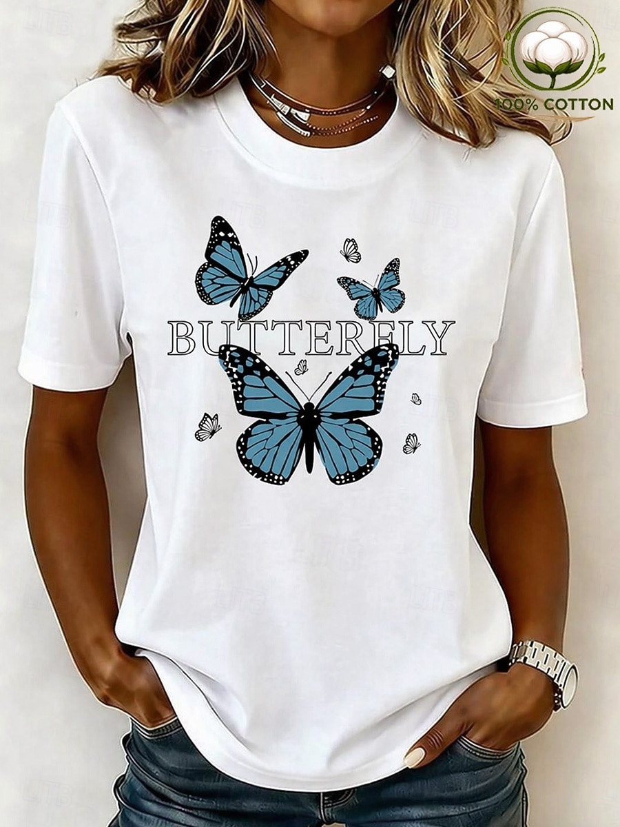 Damen 100% Baumwolle T Shirt Druck Grafik Schmetterling Vintage Stilvoll Klassisch Kurzarm Rundhalsausschnitt Normale Oberteile Lässig Täglich Wochenende Weiß Sommer Frühling 2026 - $21.99 –P2