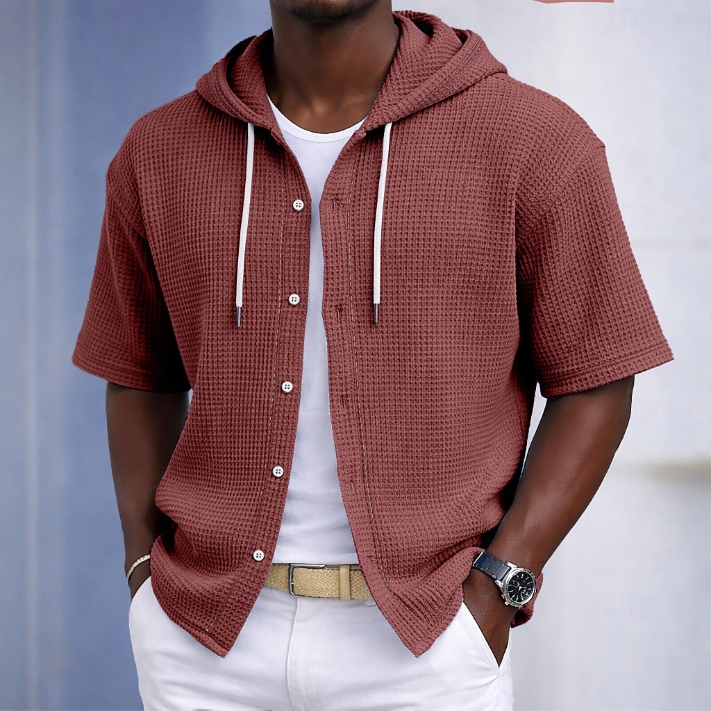 Herren Hemd Waffelhemd Freizeithemd Knopfhemd Schwarz Weiß Hellgrün Marineblau Purpur Kurzarm Einfarbig Einfach Mit Kapuze Lässig Täglich Fronttasche Bekleidung Elegant Mode Lässig 2026 - $30.99 –P10