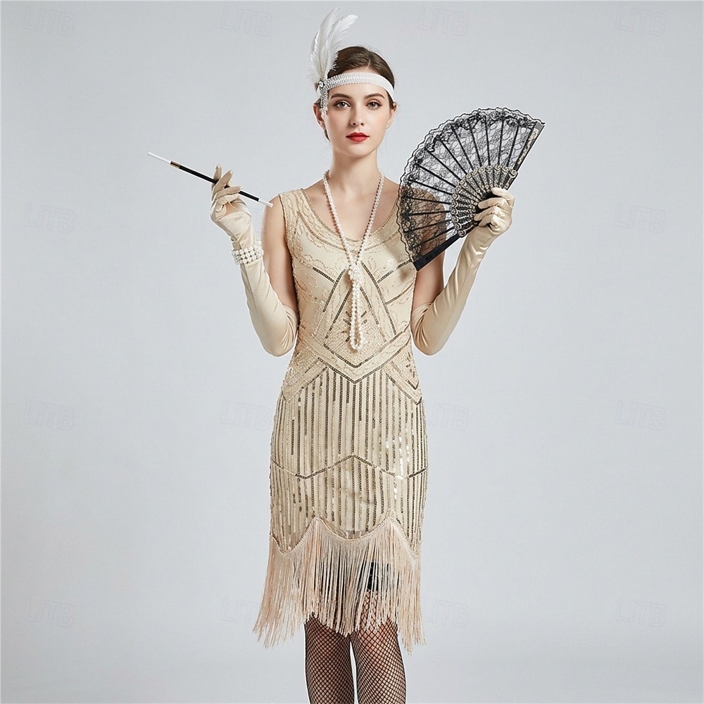 Zabytkowe Ryczące 20s 1920 roku Do kolan Sukienka w stylu lat 20-tych Rękawiczki Nakrycie głowy Bez rękawów Wielki Gatsby Czarleston Cekiny Frędzel Strój na bal maskowy Damskie Halloween Karnawał 2026 - $64.99 –P17