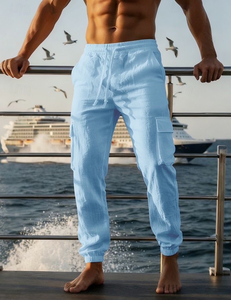 Herren Cargo-Hosen Leinenhosen Hose Sommerhose Strandhose Kordelzug Elastischer Bund Mehrere Taschen Einfach Komfort Atmungsaktiv Täglich Outdoor Strand Urlaub Mode Schwarz Weiß Unelastisch 2026 - $25.99 –P13