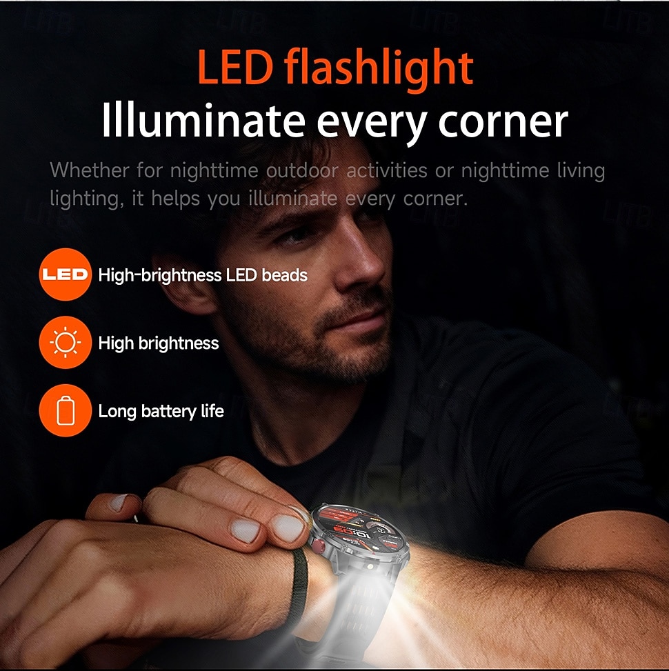 Rugged Military Smart Watch for Men with Bluetooth Call, 1100mAh Battery, LED Flashlight & Compass, IP68 Waterproof Outdoor Tactical Fitness Watch, 100+ Sports Modes Smartwatch for Android iOS 2026 - $54.99 –P5