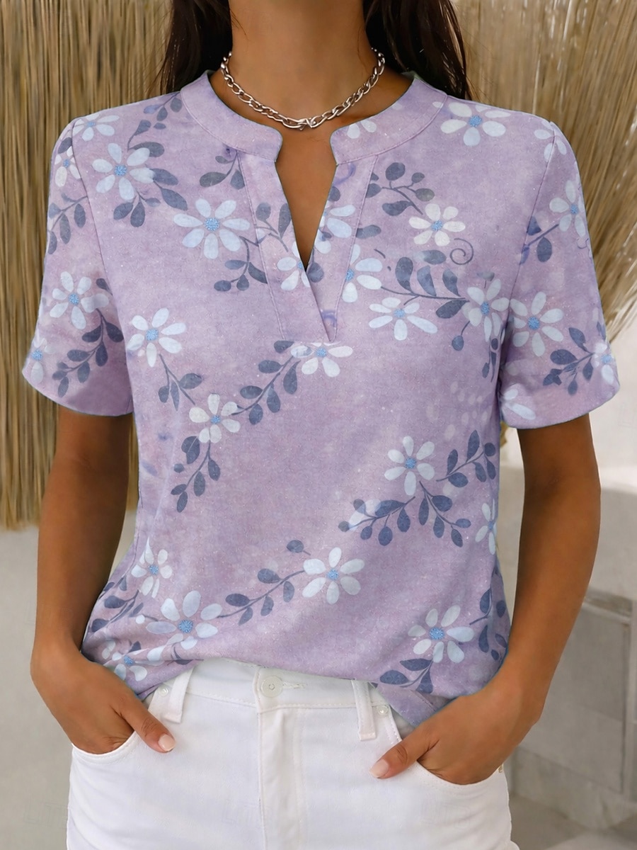 Femmes Chemise Imprimé Fleuri Graphique ancien Élégant Moderne Manche Courte Col en V Col montant Hauts Réguliers Occasionnel Quotidien Bleu Rose Claire Violet Vert Été Printemps de 2026 ? $21.99 –P2