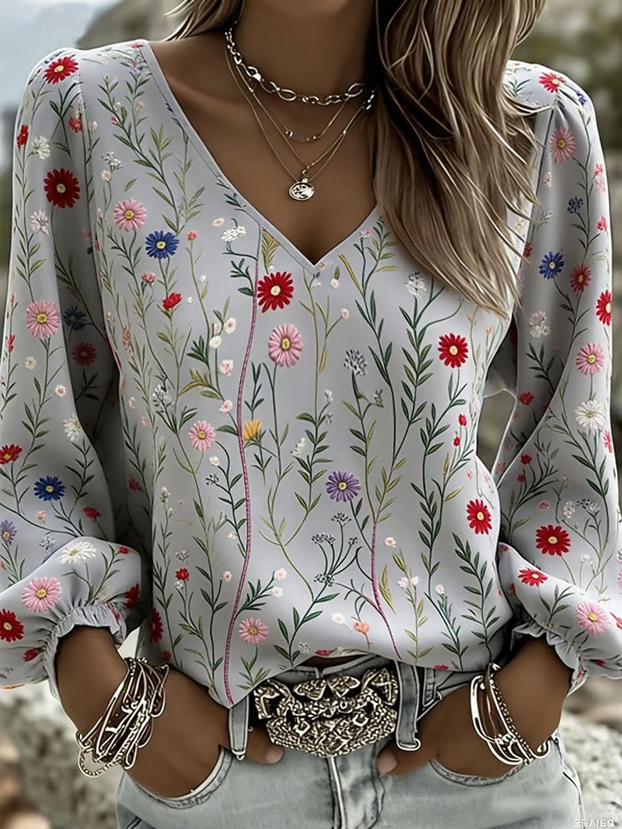 Mulheres Camisa Social Imprimir Floral Gráfico Boêmia Férias Vintage Manga Longa Manga lanterna Decote V Tops regulares Casual Diário Feriado Azul Branco Amarelo Cinzento Verão Primavera de 2026 por BHD 11.96 –P1