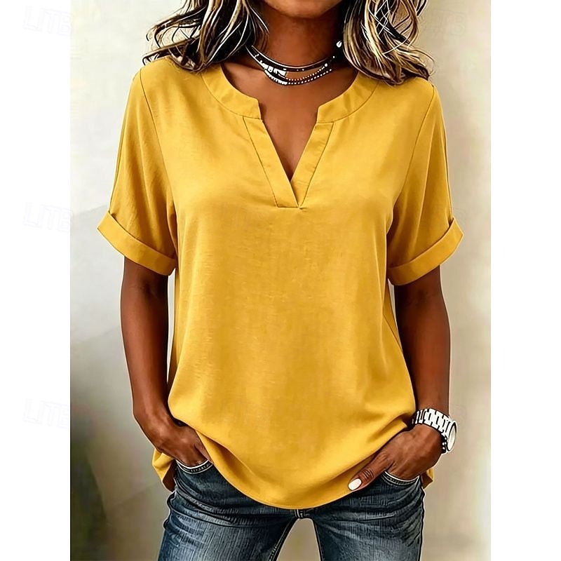Mujer Blusa Color sólido Vintage Elegante Básico Manga Corta Escote en Pico Tops regulares Casual Diario Blanco Rosa Rojo Morado Verano Primavera 2026 - $26.99 –P10
