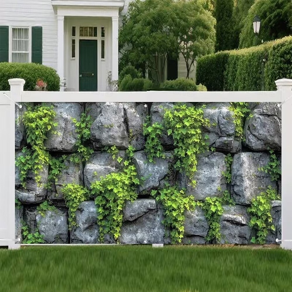 Rustikale Steinmauer, grüner Efeu, Kletterblätter, natürliche graue Felsen, realistische Textur, Garagentor-Banner, Außenkulisse, Wandteppich für Garten, Hof, Terrasse, Zaun, Heimdekoration 2026 - $20.99 –P5