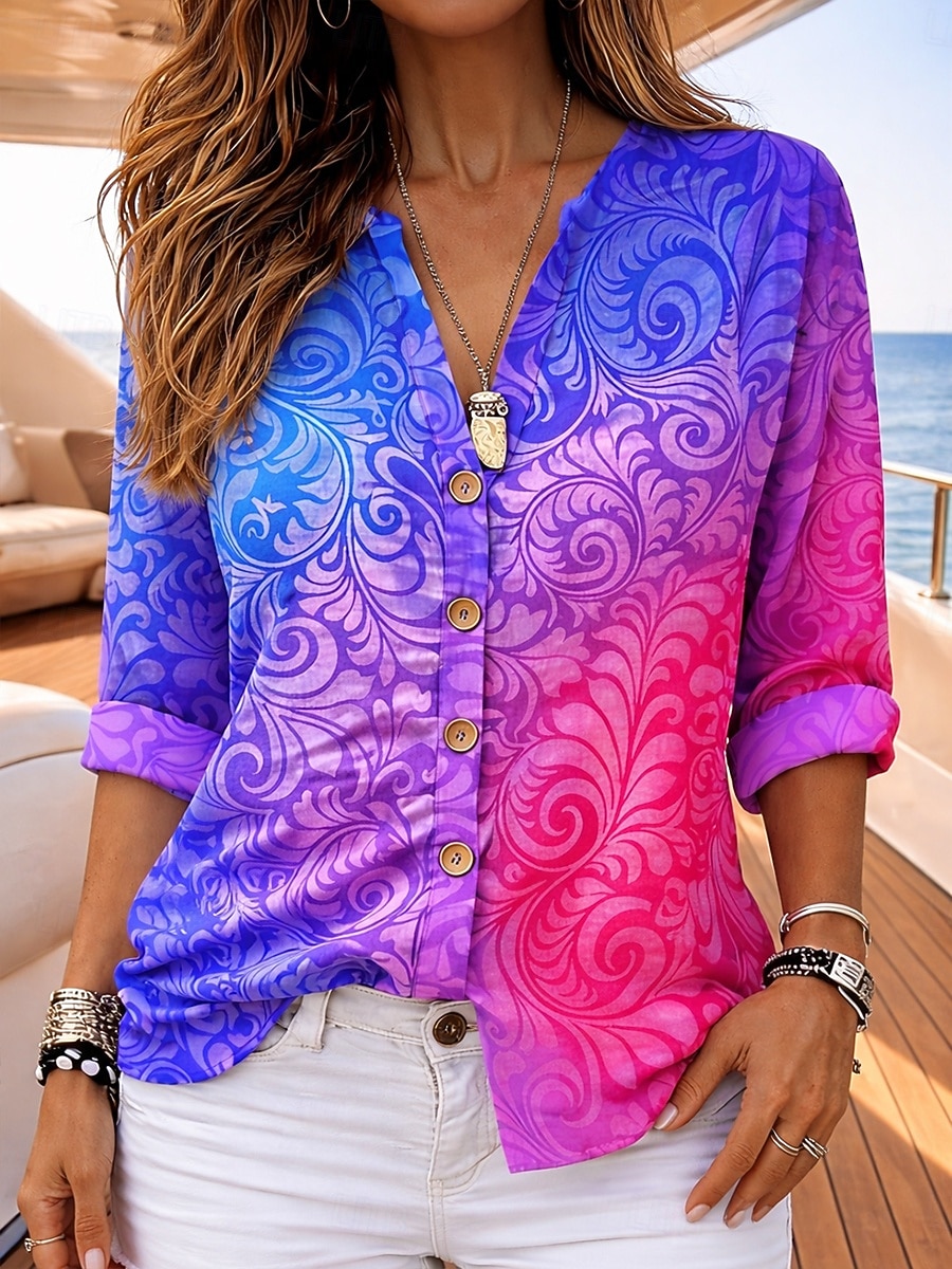Femmes Chemise Tunique Hauts d'été Boutons A Ombre Graphique Vacances Quotidien manche longue Col en V Hauts Réguliers Quotidien Fête Sortir Bleu Violet Orange Vert Été Printemps de 2026 ? $33.99 –P4