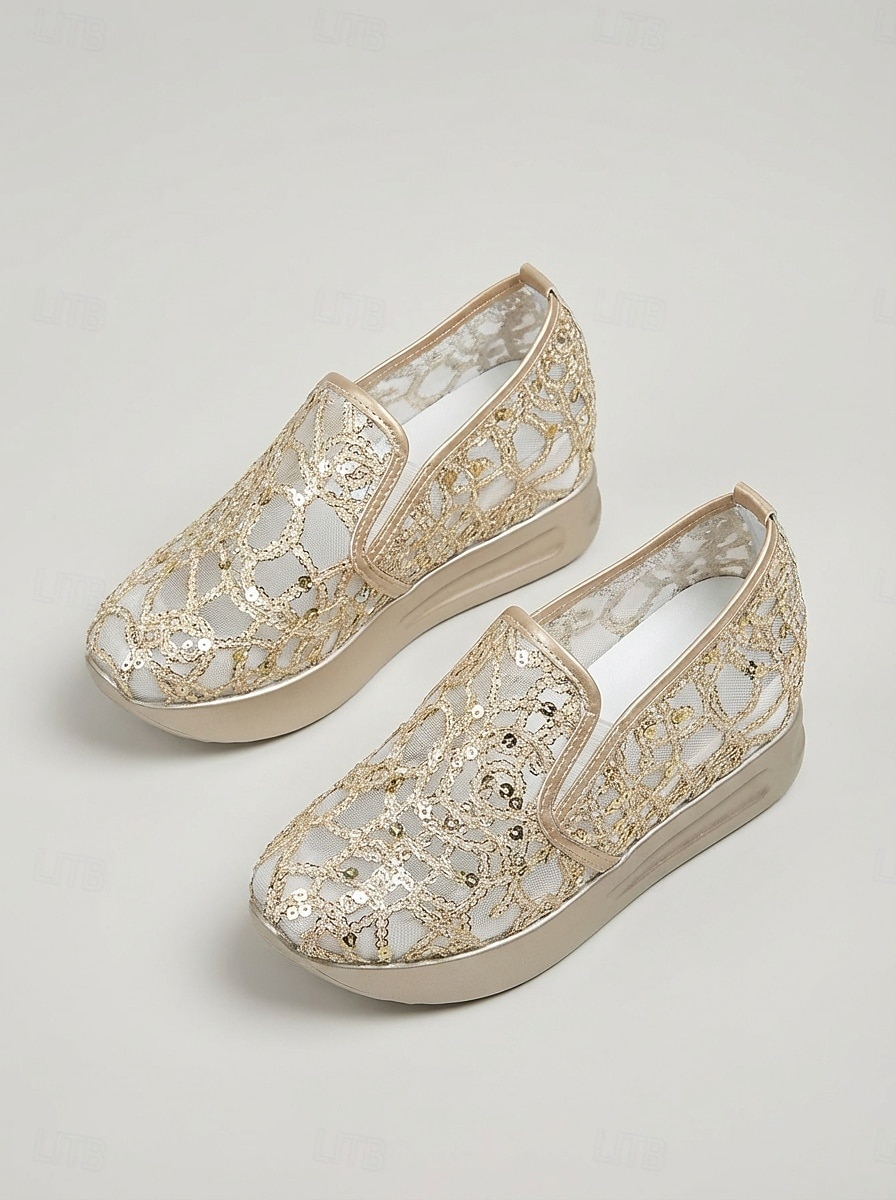 Baskets compensées blanches en dentelle pour femme - chaussures confortables à enfiler ornées de strass, idéales pour un mariage champêtre. de 2026 ? $32.99 –P5