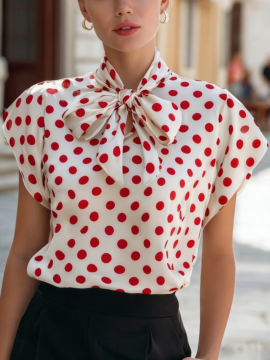 Dames Overhemd Blouse Top met stippen Strik Geometrisch Stijlvol Basic Klassiek Korte mouw Stropdas nek Normale tops Dagelijks Kantoor Feestdagen Zwart Wit Rood Zomer Lente 2026 - $28.99 –P4