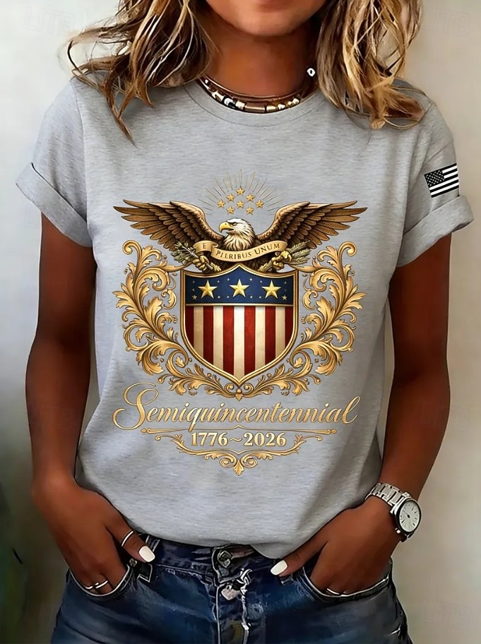 Giorno dell'Indipendenza Americana Per donna Maglietta Stampato Grafico Bandiera Elegante Classico Casual Manica Corta Girocollo Top Regolari Quotidiano Cenere Estate Primavera del 2026 a $21.99 –P1